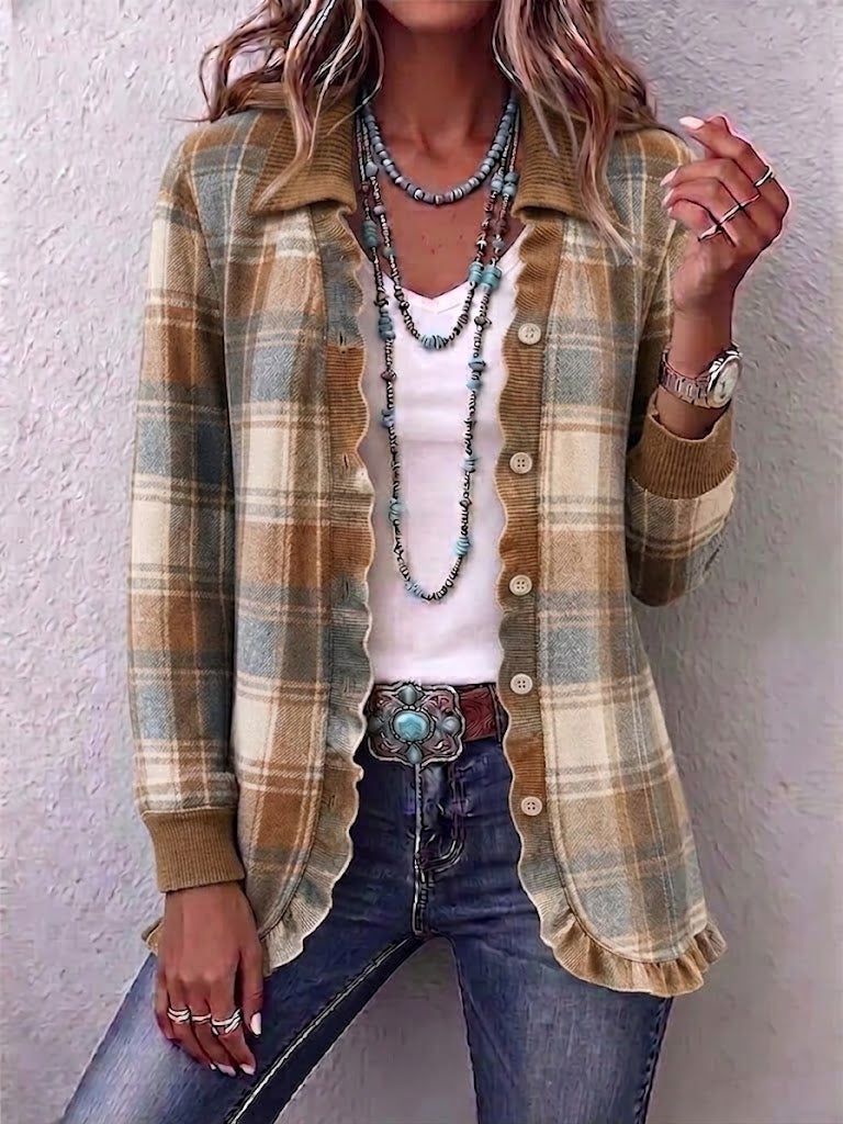 Plaid Single-breasted Jacket With A Ruffled Collar