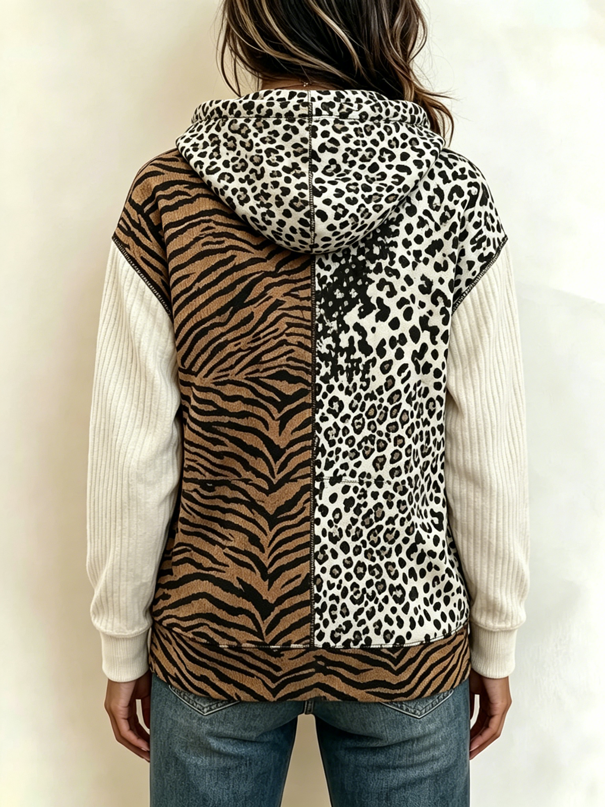 Stylish Hooded Zip-up Jacket With Animal Print Panels