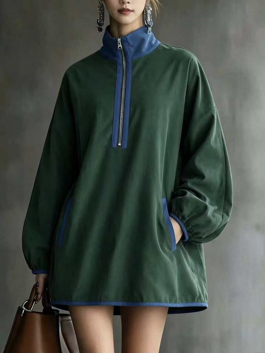 Casual Faux Suede Half-Zip Dress with Contrast Trim