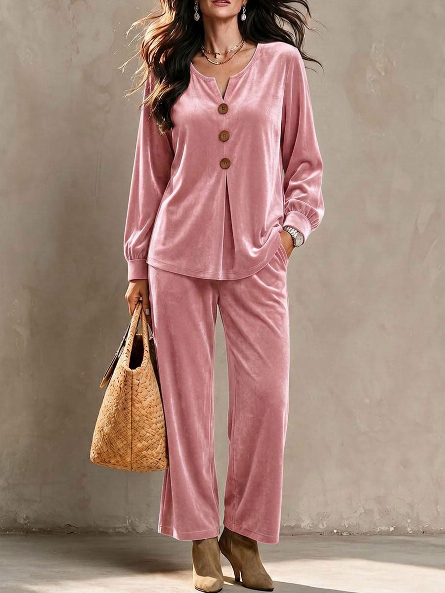 Women's Solid Color V-neck Long-sleeved Casual Loose Velvet Top And High-waisted Wide-leg Pants Set