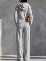 Women's Solid Color Collared Long-Sleeved Casual Loose Hooded Cardigan Top and High-Waisted Wide-Leg Pants Set