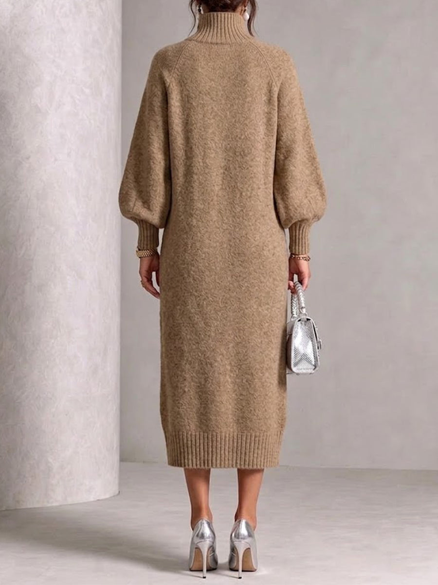 Loose-fit, Slimming Knit Midi Dress Featuring A High Neck, Lantern Sleeves, And A Diagonal Button Detail