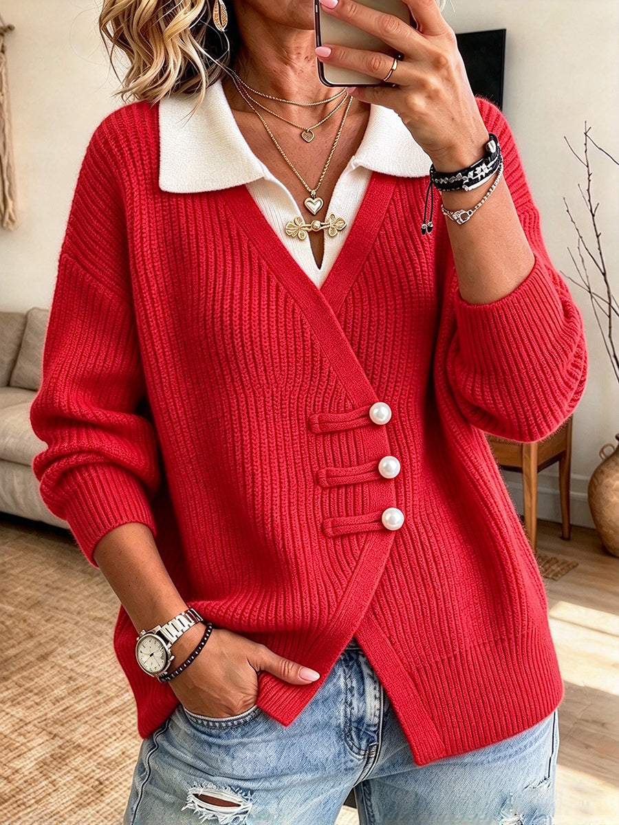 Elegant And Refined Knit Top With A Contrasting-color Collar And Traditional Chinese-style Button Closures (pankou)