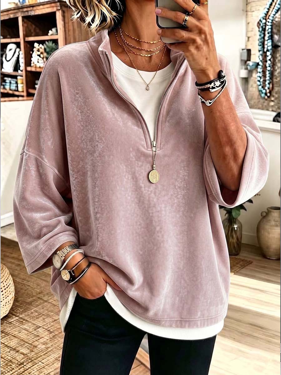 Women's Solid Color Stand Collar 3/4 Sleeve Casual Loose Velvet Pullover Top