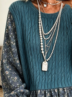Casual Stylish Blue Floral Patchwork Cable-knit Top