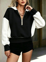 Chic Red and White Colorblock Quarter-Zip Hoodie