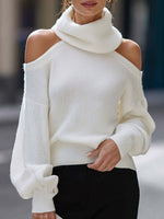 Women's Solid Color Stand Collar Off-shoulder Long Sleeve Casual Loose Knit Sweater