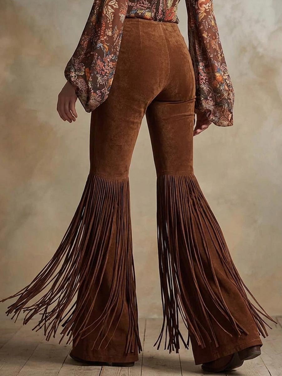 Women's Western Faux Suede Fringe Flare Pants