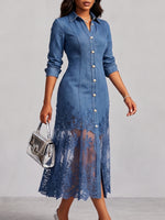 Elegant Sophisticated Denim Dress With A Lace Hem