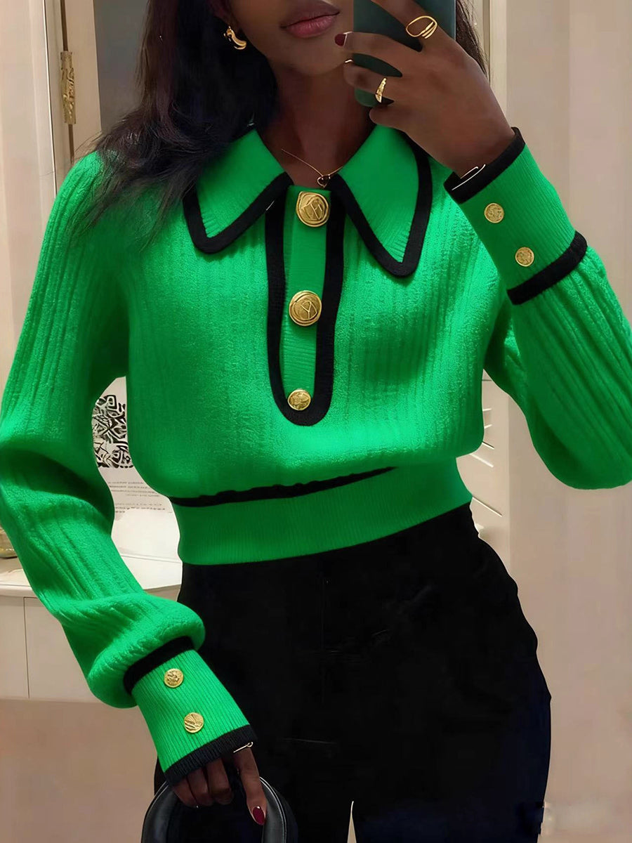 Chic Knit Top With Contrasting Piping