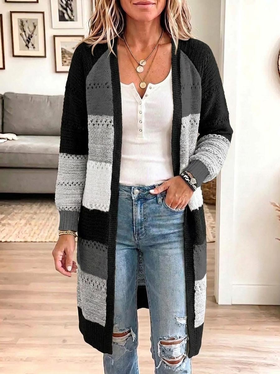 Women's Striped Color-blocked V-neck Long-sleeved Casual Loose Knitted Long Coat