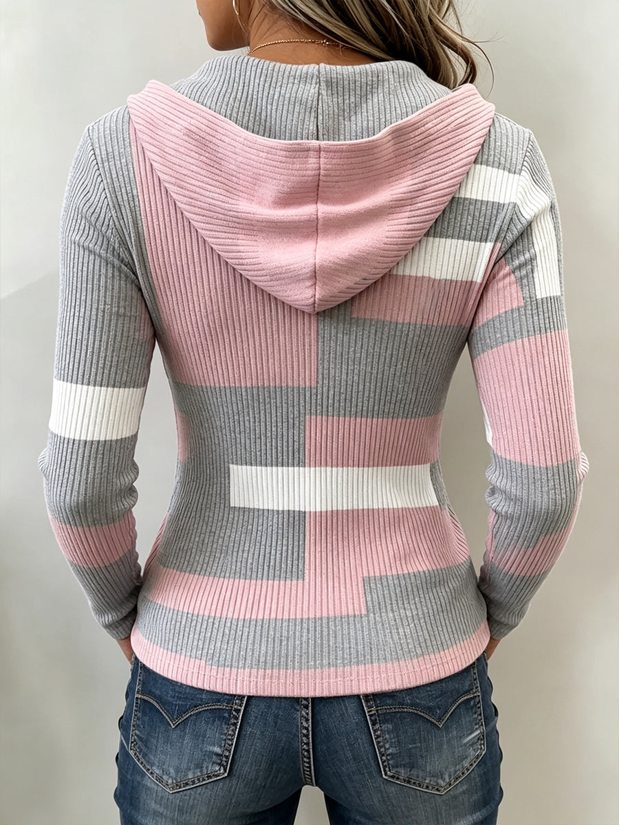 Chic Colorblock Striped Zip-Up Hooded Kint Top
