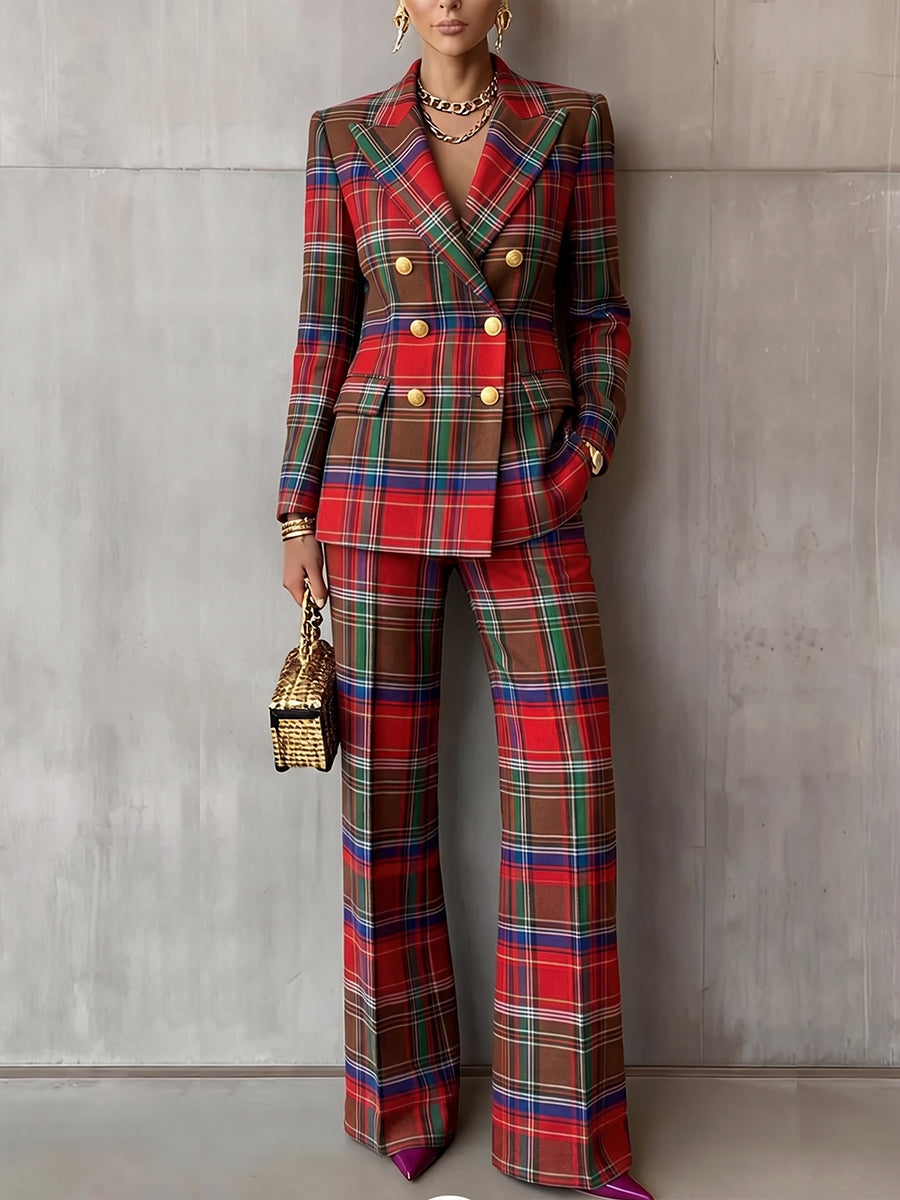 Classic Red Tartan Plaid Double-Breasted Blazer Jacket