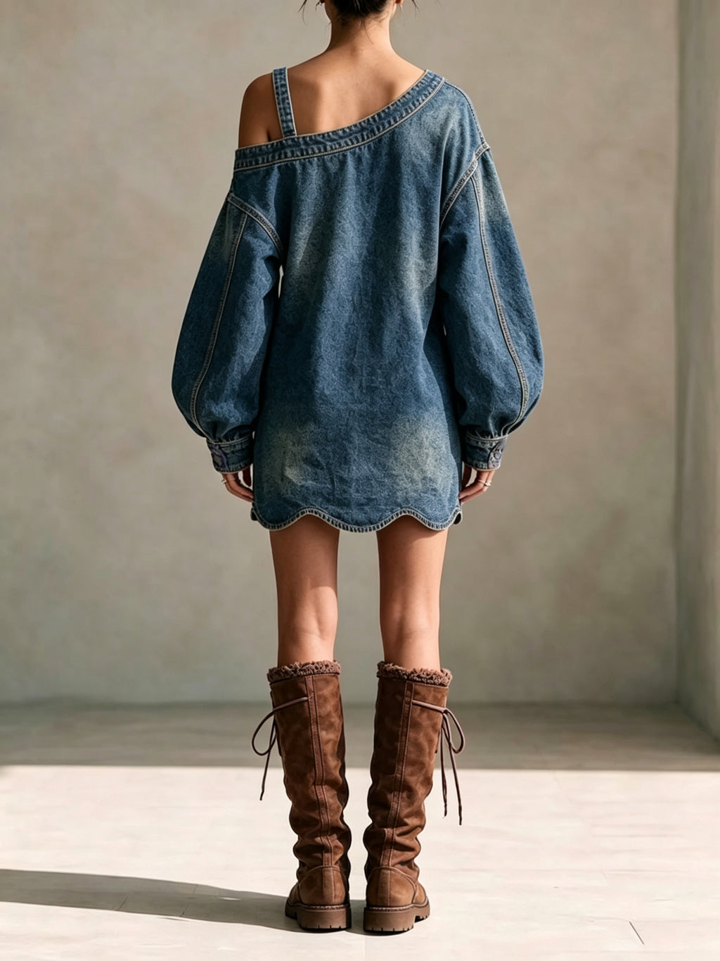 One-shoulder Denim Dress With Wavy Hem And Metal Buckle Detail