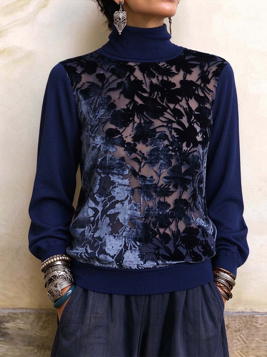 Elegant Navy Blue Turtleneck Sweater With Sheer Floral Velvet Panel