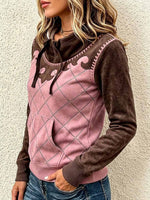 Women's Loose-fit Plaid-print Panel Pullover Sweatshirt With Stand Collar, Tie Detail, And Long Sleeves