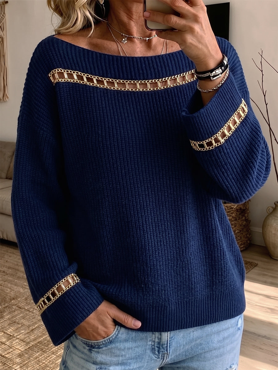 Chic Chain-Trimmed Boatneck Knit Pullover