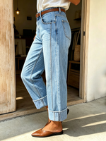 Relaxed Chic Pinstripe Light Wash Stretch Denim Wide-leg Jeans