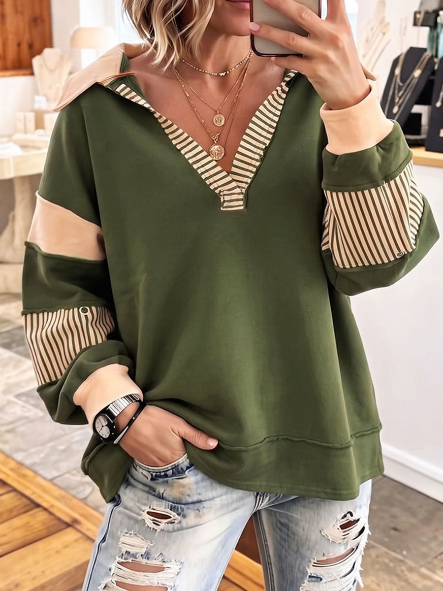 Chic Cozy Oversized V-neck Striped Sweatshirt