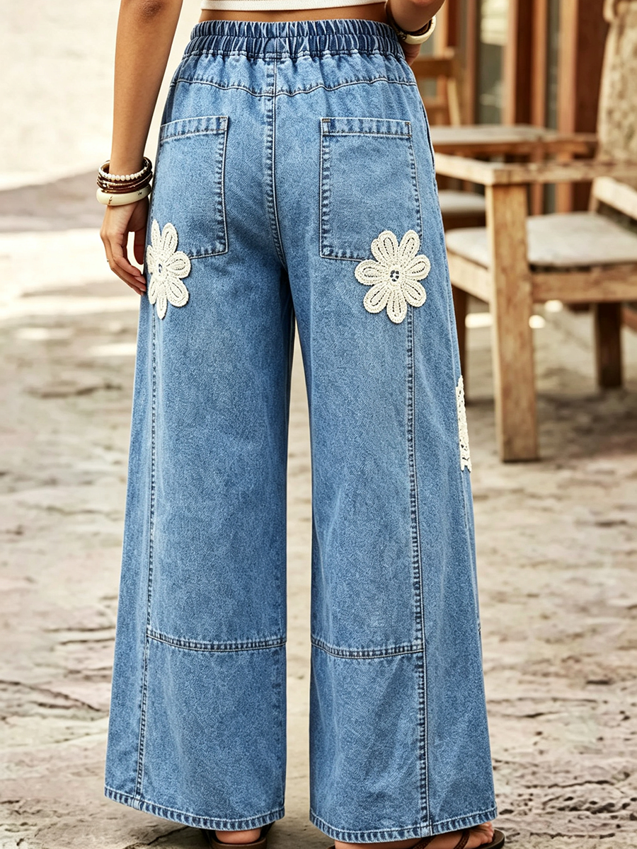 Cozy Bohemian Denim Wide-leg Pants With Crochet Flower