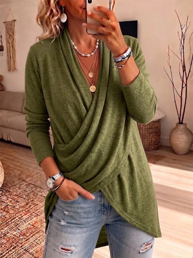 Cowl Neck Wrap Front Irregular Hem Long Sleeve Top