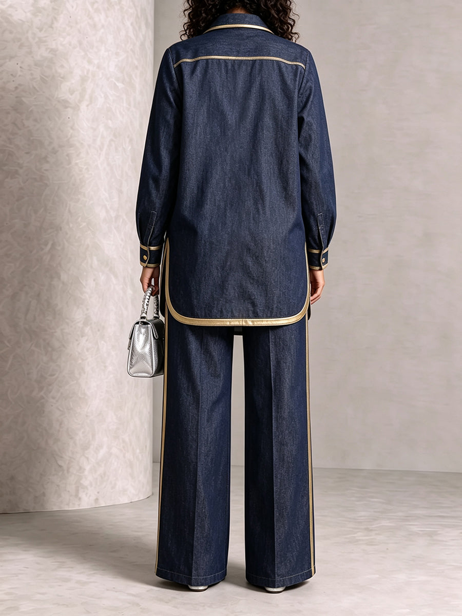 Elegant Denim Gold-Trimmed Two-Piece Set