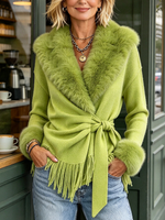 Glamorous Boho Faux Fur Trimmed Wrap Fringe Cardigan