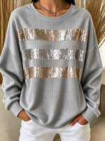 Women's Casual Crewneck Ribbed Top With Sequin Stripes