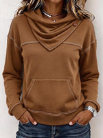 Women's Solid Color High-neck Button-detail Long-sleeve Loose Casual Pullover Top