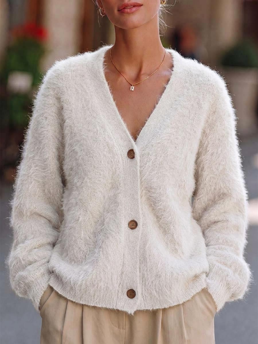 Women's Solid Color V-neck Long Sleeve Casual Loose Knit Cardigan