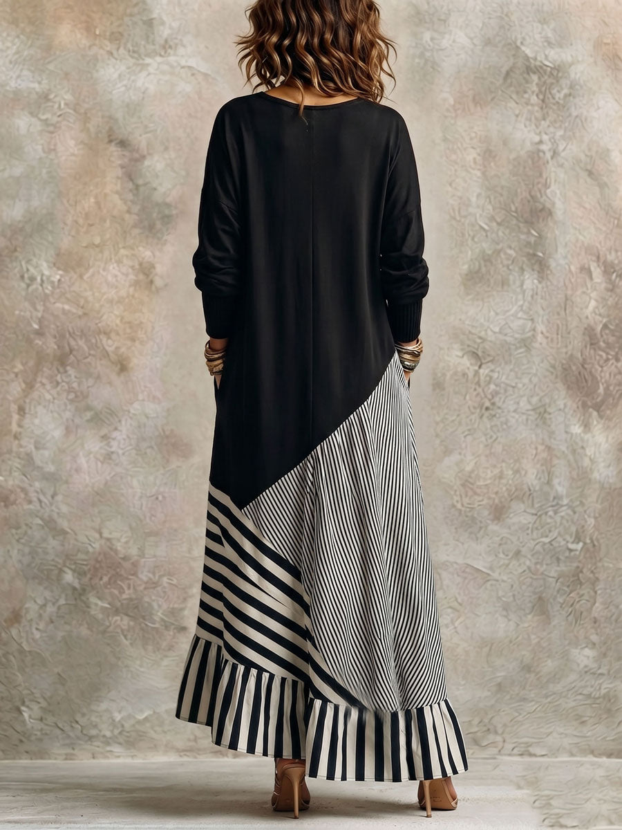 Chic Elegant Stretchy Black And Striped Maxi Dress