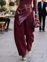 Bold Burgundy Asymmetric Wrap Leather-trimmed Corduroy Lantern Pants