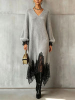 Elegant Cozy Shimmer Knit Midi Dress With Lace Trim