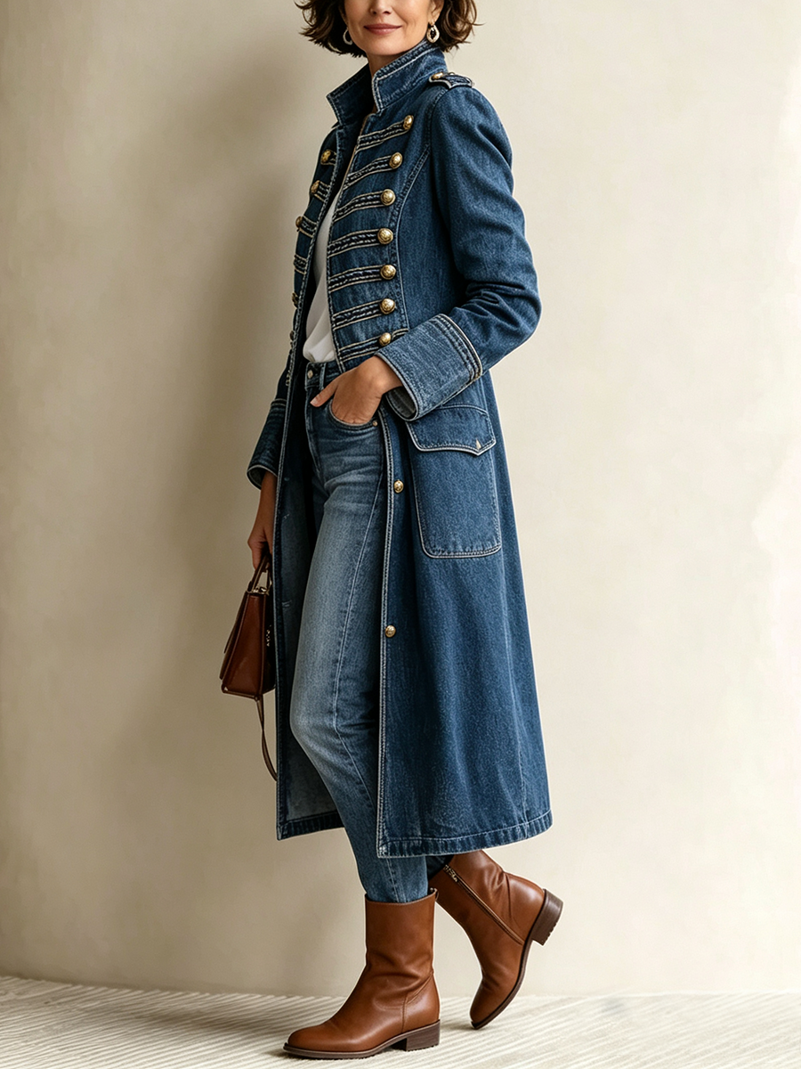 Chic Military-inspired Long Denim Coat