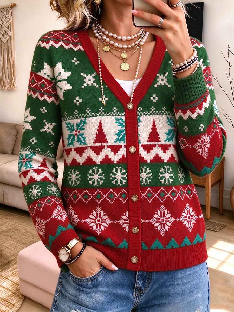 Women's Fair Isle Christmas Cardigan V-Neck Button Down Holiday Knit Sweater
