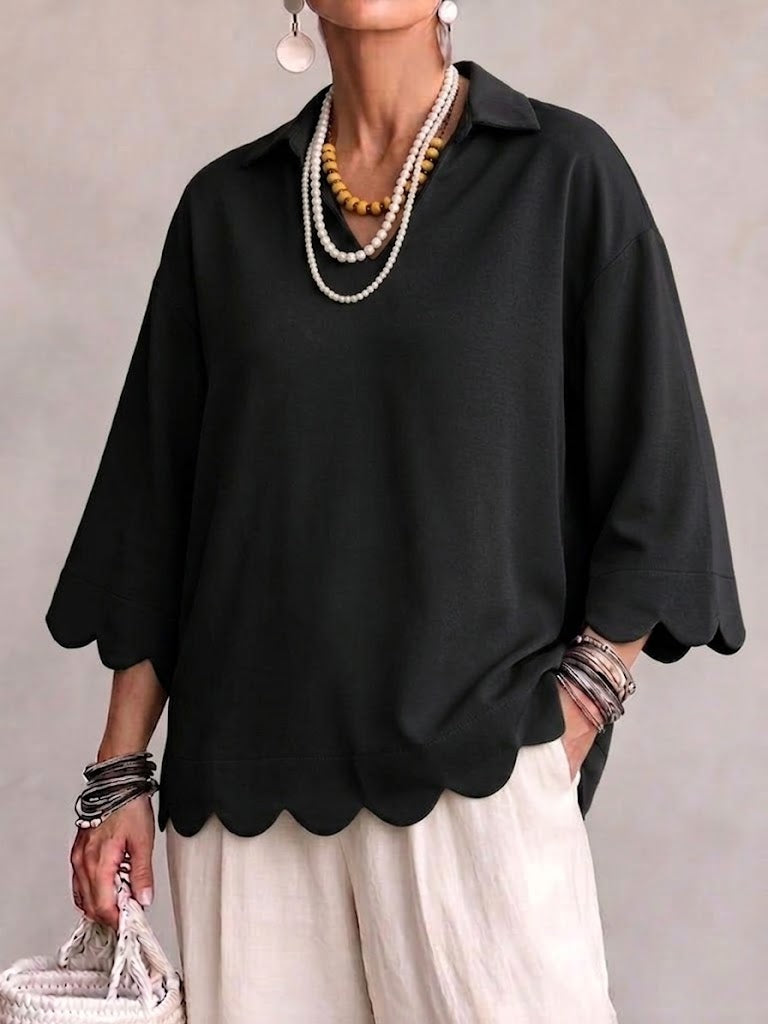 Scallop‑trim Lapel Collar 3/4 Sleeve Relaxed Top