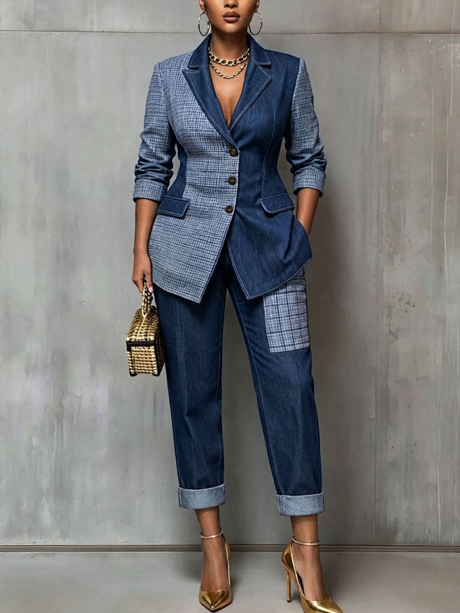 Chic Patchwork Denim Blazer Jacket