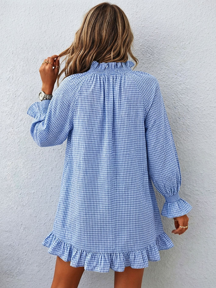 Chic Ruffled Blue Gingham Smock Dress