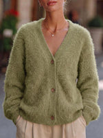 Women's Solid Color V-neck Long Sleeve Casual Loose Knit Cardigan