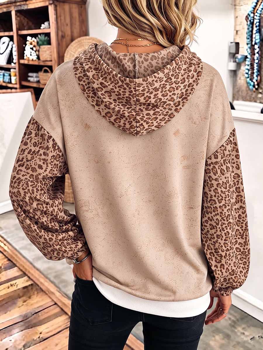 Women's Leopard Print Patchwork Long Sleeve Casual Loose Pullover Hooded Sweatshirt