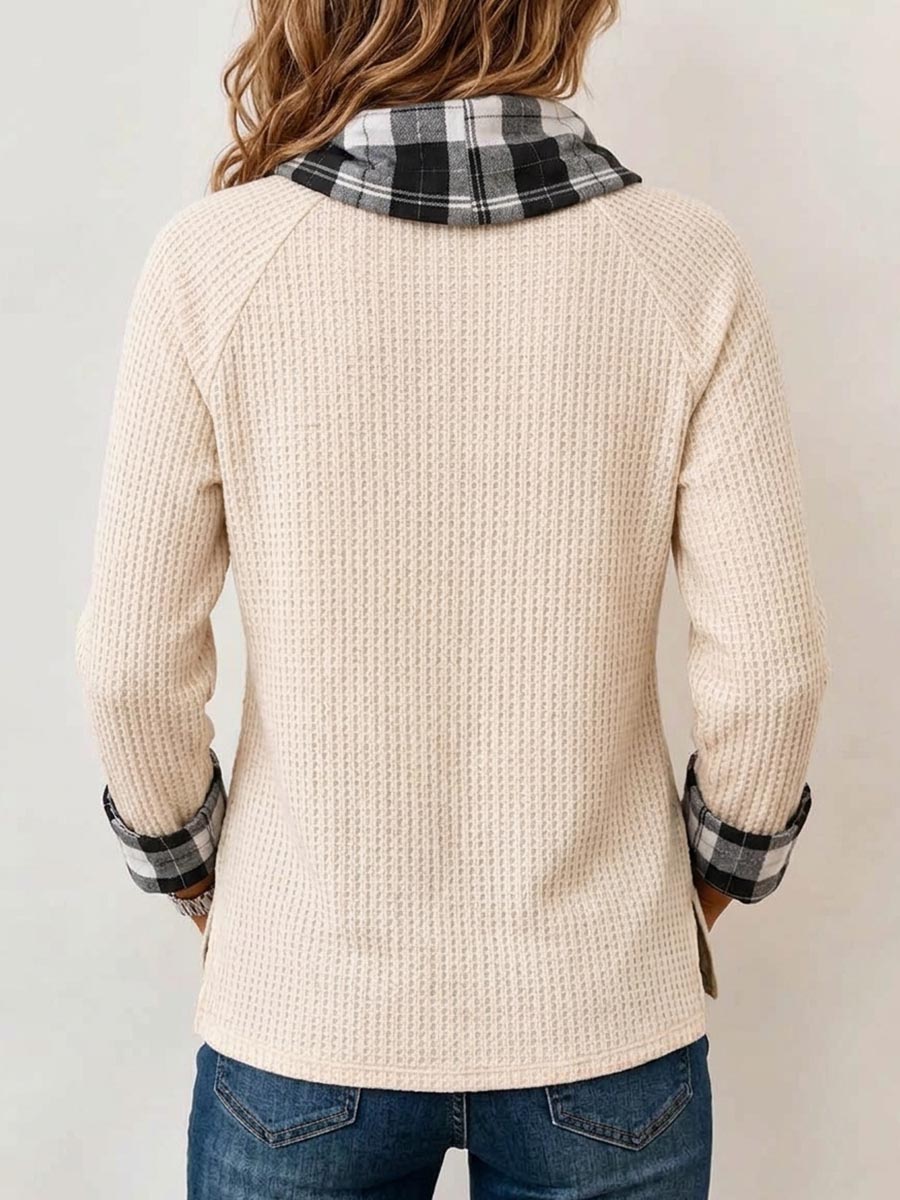 Women's Waffle Knit Plaid Cowl Neck Tunic Top
