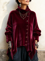 Chic Velvet Asymmetric Button Turtleneck Top