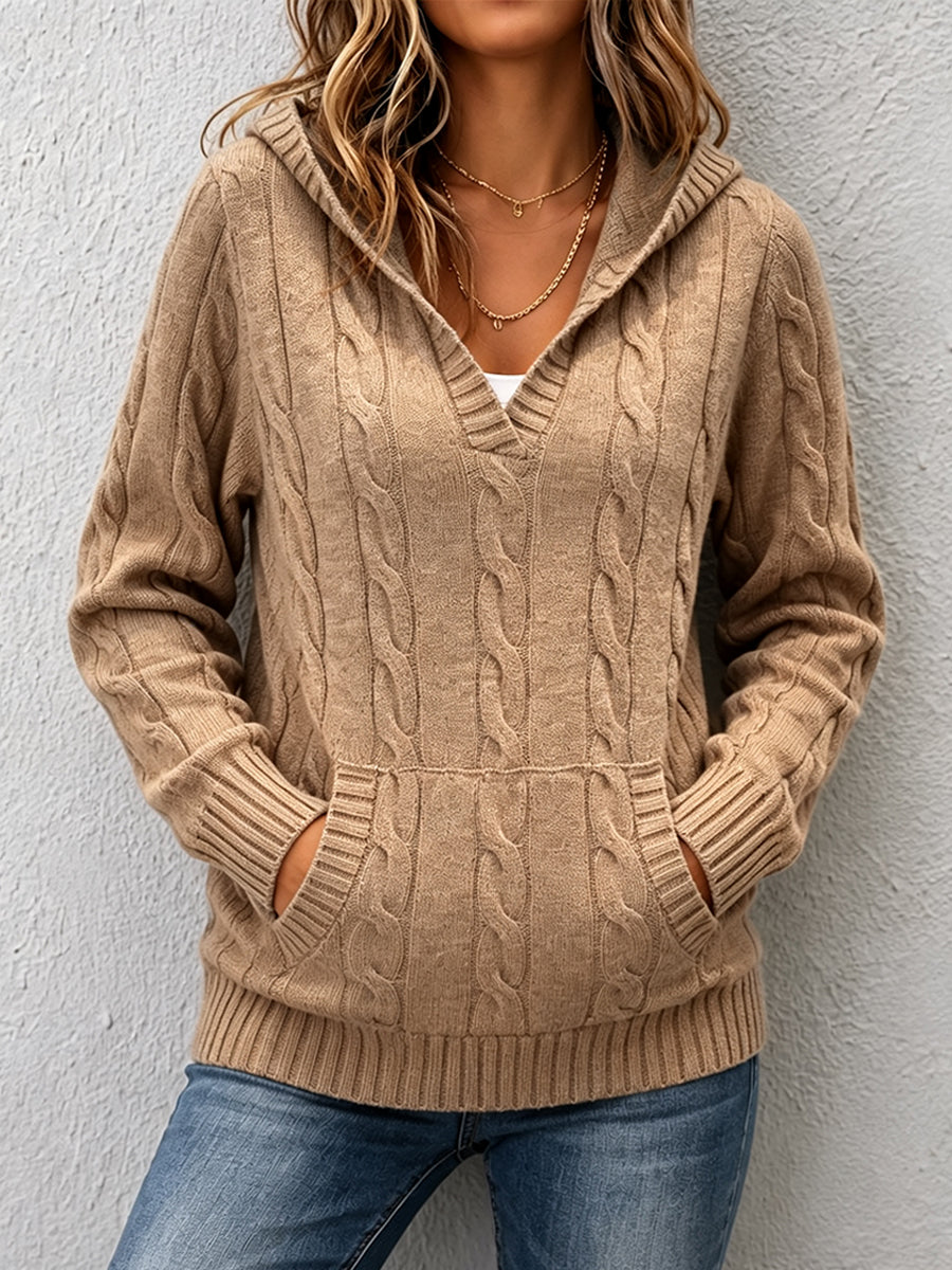 Casual Cable-knit V-neck Sweater With Hood