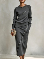Two-piece Set Featuring A Stylish, Casual Sweatshirt With A Diagonal Zipper And A Midi Skirt.