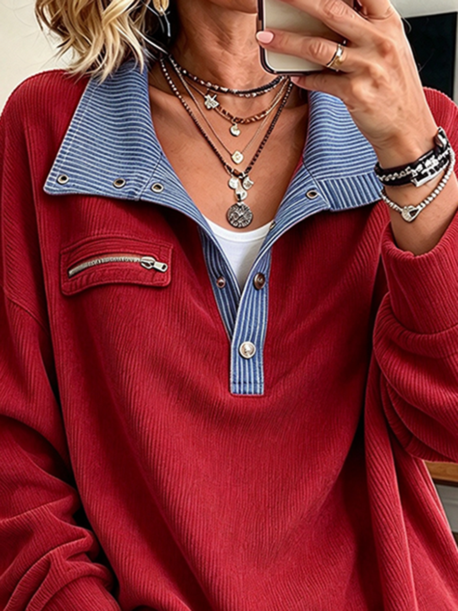 Relaxed Striped Collar Corduroy Pullover Sweatshirt