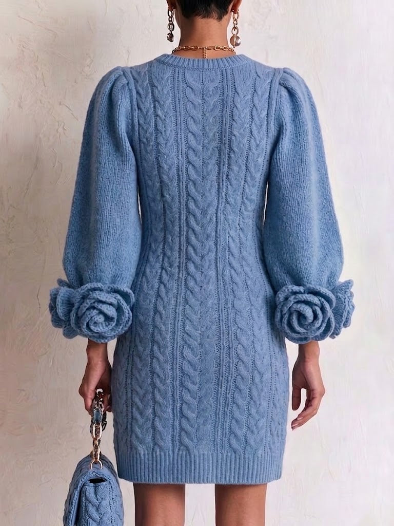 Elegant And Stylish Cable-knit Sweater Dress With 3d Rose Detailing On The Cuffs.