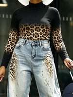Casual And Cozy Gradient Leopard-print High-neck Knit Top
