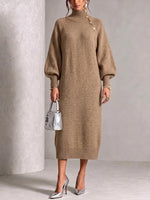 Loose-fit, Slimming Knit Midi Dress Featuring A High Neck, Lantern Sleeves, And A Diagonal Button Detail