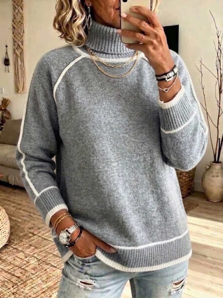 High-neck Raglan Knit Sweater With Contrasting White Trim