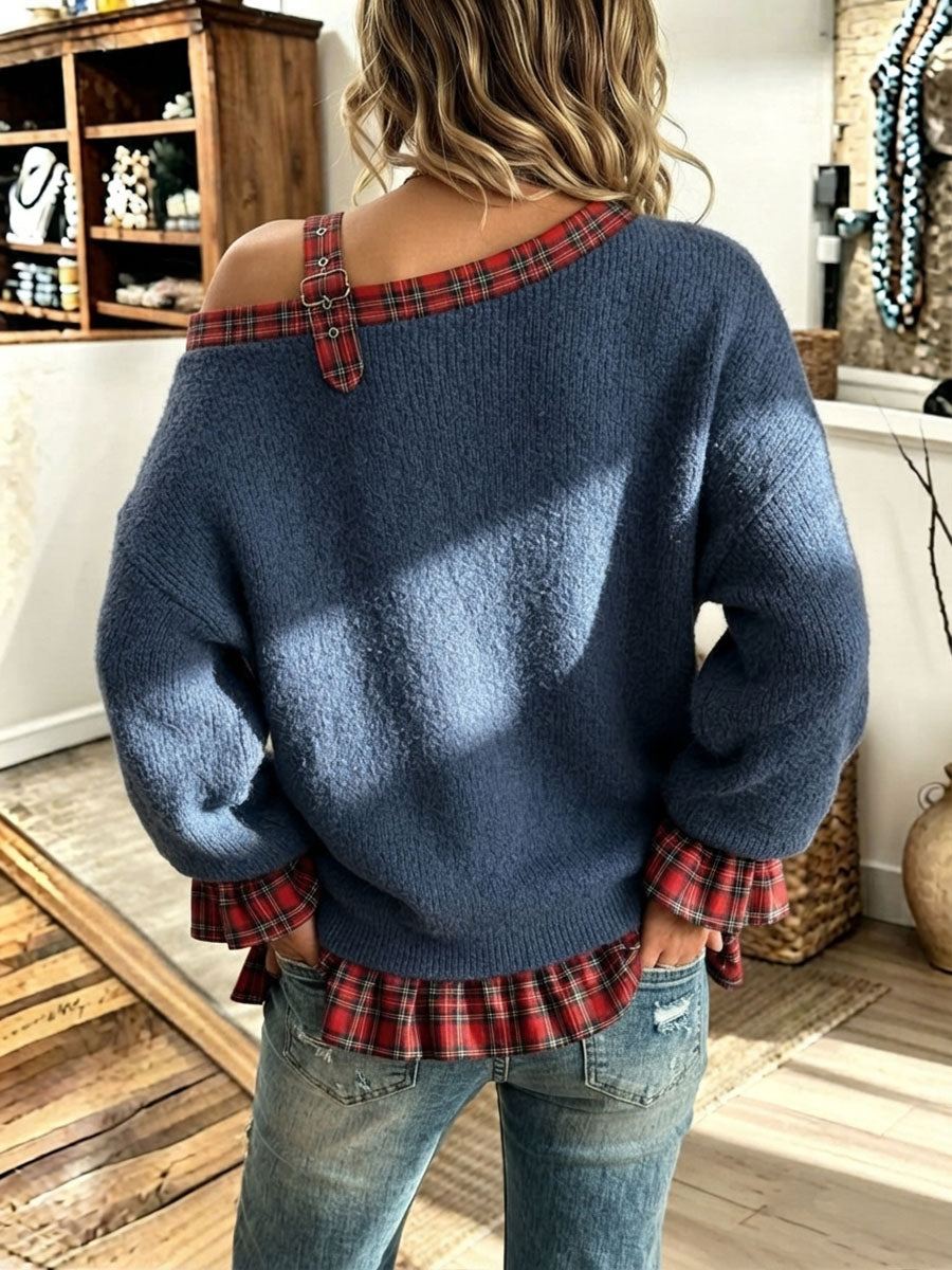 Cozy Buckle Plaid Ruffled Patchwork Knit Sweater